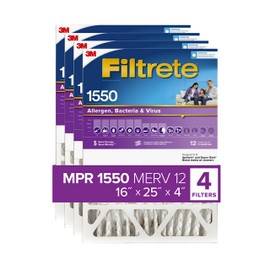 Filtrete 16x25x4 Air Filter, MPR 1550, MERV 12, Healthy Living Ultra Allergen Healthy Living 12-Month Deep-Pleated 4-Inch Air Filters, 4 Filters