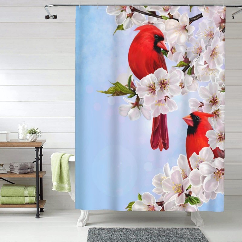 Fiokroo Red Cardinal Birds Cherry Flowers Shower Curtain 60x72in Waterproof