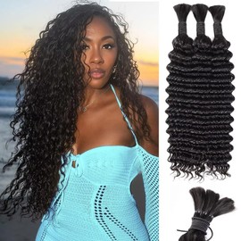 Natural Black Human Braiding Hair Deep Water Wave Bulk Human Hair 150g 22 Inch Curly Human Hair for Boho Braids Hair Extensions No Weft 3 Braids Per Pack Wet and Wavy Human Hair Braiding Hair