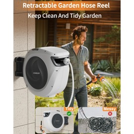 KOSOEUR Retractable Garden Hose Reel, 1/2 in x 65 ft Garden Hose Reel, Automatic Retractable Water Hose Wall Mount with 10 Pattern Nozzle, Slow Rewind System/Any Length Auto Lock 180° Swivel Bracket