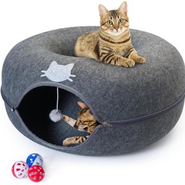Meow Mansion Large Cat Cave Donut - Cat Tunnel; up to 30lbs - 3 Toy Balls & Hanging Ball Included - Scratch Resistant, Detachable and Cleanable Cat Donut Bed