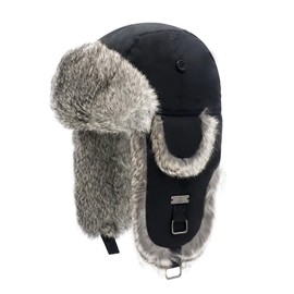 Kurhatic Winter Trapper Hat, Warm 100% Rabbit Fur Aviator Hat, Russian Trooper Hunting Ski Hat with Ear Flaps for Men & Women M Black
