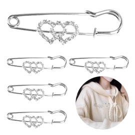Rhinestone Brooch Pins 5PCS,Safety Pins for Clothes,Brooch Pins for Women,Pins for Bags,Decorative Pins,Large Safety Pins,Fancy Safety Pins for Clothes,Shawl,Scarf,Shirt,Hijab,Hat (Double Heart)