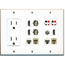 RiteAV (3 Gang 15A Outlet 3 HDMI Coax 2 Cat5e 2 Phone 2 Speaker Jack 2 USB Wall Plate