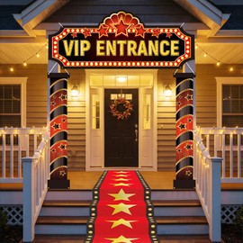 Movie Night Porch Sign Banner, 4 Pcs Decorations Set with Red Carpet Runner & VIP Entrance Banner - Casino Theme Party Decorations for Home Theater, Film Awards, Red Carpet Events
