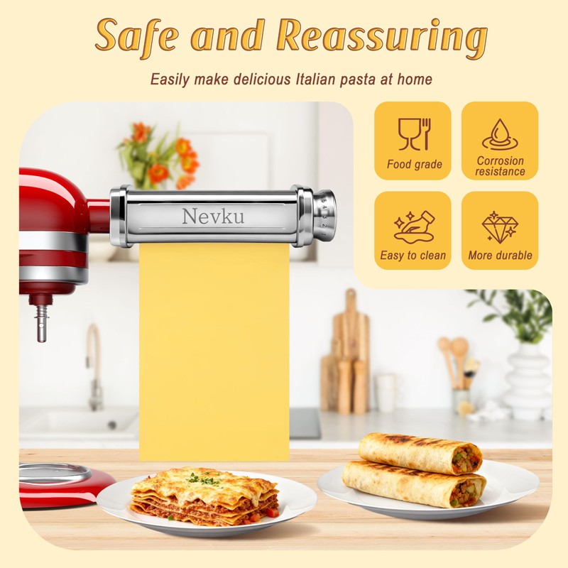 Pasta Roller Attachment for KitchenAid Stand Mixer, Stainless steel Pasta