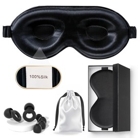 Yueerbao 100% Pure Mulberry Silk Sleep Mask, Unisex 3D Contour Silk Sleep Eye Mask, Soft and Breathable Eye Mask, Includes Sleep Noise-Reducing Earplugs (Black)