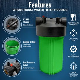 High Capacity 10 x 4.5” Whole House Filter Purifier System for Well or City Water, Presser Relief Button, 1” NPT Brass Port, Double O-Ring, Meets NSF Standards & Regulations (Green, 4 Sets)