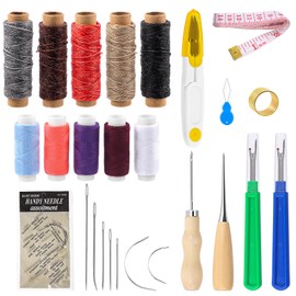 Swpeet 30 pieces basic leather sewing kit, leather work tools and accessories, leather work kit with upholstery yarn cord, 150D wax line, sewing awl, seam ripper, tape measure, leather sewing needles