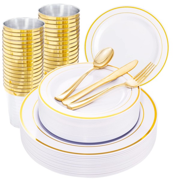 WELLIFE 150 Pcs Gold Plastic Plates, Gold Plastic Dinnerware Set Includes: 25 Dinner Plates 10.25", 25 Dessert Plates 7.5", 25 Gold Cups 9OZ and 25 Gold Cutlery