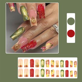 LBPEPAMZ Colorful Press on Nails 3D Brushed Smudge Fake Nails with Gradient French Tips Glue on Nails Gold Sun Rhinestones Stick on Nails Full Cover Glossy Acrylic Nails False Nails for Women 24Pcs