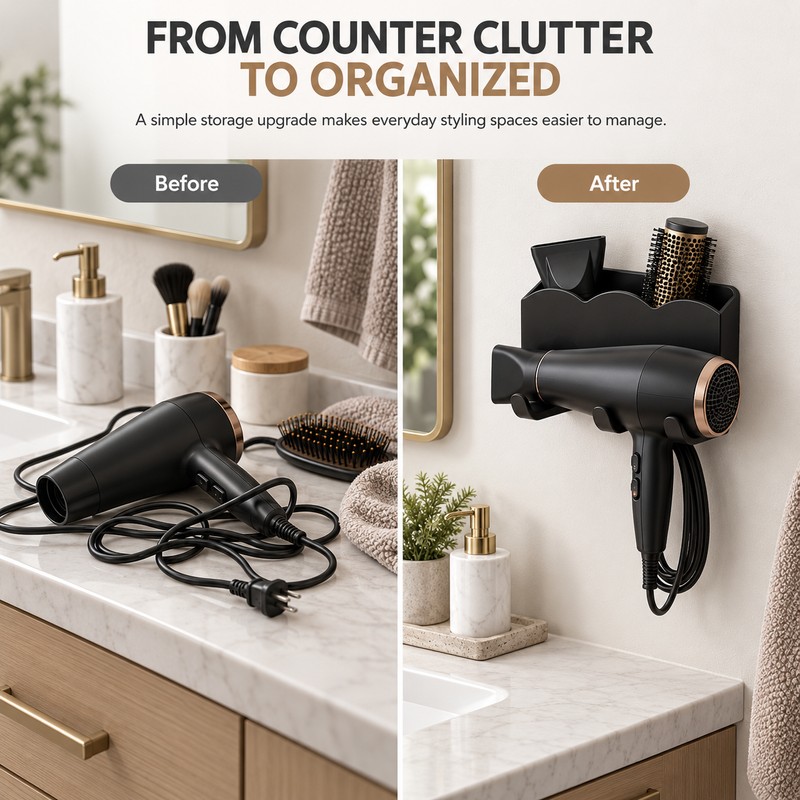 Wall-Mounted Hair Dryer Holder for Bathroom Storage – No-Drill Organizer