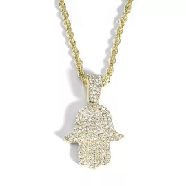 Big Dawgs Bling 14k Gold Plated Hand of God Hamsa Fatima Iced CZ Pendant w Rope Chain Necklace