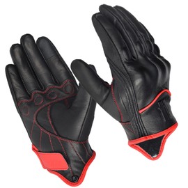 Harssidanzar Mens Motorcycle Gloves Fleece Lined Winter Warm Goatskin Leather Touchscreen GM041CA, Black/Red, Size Large