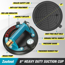 Zautool Glass suction cups, Heavy Duty Vacuum Glass Suction Cup with Metal Handle and Brass Pump for Granite & Glass Lifting, Hand-held Glass Lifter with Pressure Gauge, 480lbs Load Capacity(2 PACK)