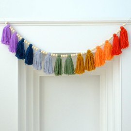 DCJHFJ Boho Tassel Garland Wall Hanging with Wood Beads Colorful Tassel for Kids Room Bedroom Classroom Nursery Dorm Decorations