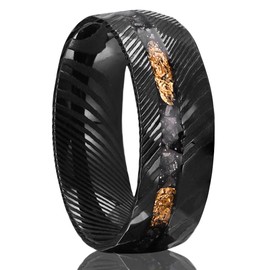 Concept Knight Black Damascus Steel Rings for Men 8mm Men's Engagement Wedding Bands Hammered Inlaid Gold Foil Meteorite Fragments Stylish Comfort Fit, Damascus steel, No Gemstone