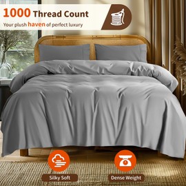 LBRO2M 1000 Thread Count 100% Egyptian Cotton Sheets Set,Full Size Bed Sheet 4 Piece Sets,Long Staple,16 Inches Deep Pocket,All Season,Bedding Super Soft Breathable,Sateen Weave (Grey)
