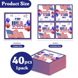 40Pcs 4th of July Napkins,American Flag Patriotic Disposable Luncheon Cocktail Paper Napkins for Independence Patriotic Party Supplies- 6.5 x 6.5 Inch
