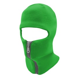 Mens Black Knit Thermal Face Ski Mask (1 Hole, Reflective Zipper Neon Green)
