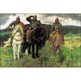 24"x36" Gallery Poster, Bogatyrs (1898) by Viktor Vasnetsov. Bogatyrs (left to right) Dobrynya Nikitich, Ilya Muromets, Alyosha Popovich vityaz russian knights