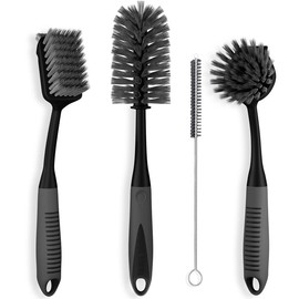 Trazon Black Dish Brush Set of 4 with Bottle Water, Dish Scrub , Cleaning Scrubber and Straw Brushes - Kitchen Scrub Holder, Household Steel