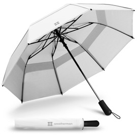 Weatherman Premium Collapsible Small Travel Umbrella Compact - Windproof, Resists Up to 55 MPH Winds - Foldable Travel Umbrellas for Rain & Wind - Easy Auto Open w/Strong Fiberglass Frame (White)