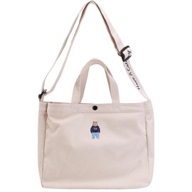 Umetoo Girls Cute Embroidered Bear Shoulder Bag 2-Way Canvas Tote Bag Large Capacity Shoulder Tote Bag, beige