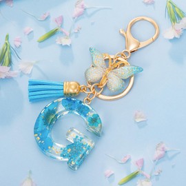 MWOOT Initial Letter G Keychain Resin Alphabet Keyrings,Blue Petals Gold Foil Key Ring Charm with Butterfly Tassel Pendant,Kawaii Key Chain for Womens Gift Ideas Wallet Purse Bag Handbag Decor(G)