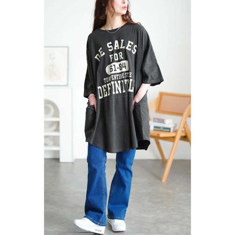 [ゴールドジャパン] 大きいサイズ レディース チュニック 5分袖 ロゴ Tシャツ ドルマン ストレッチ 伸縮