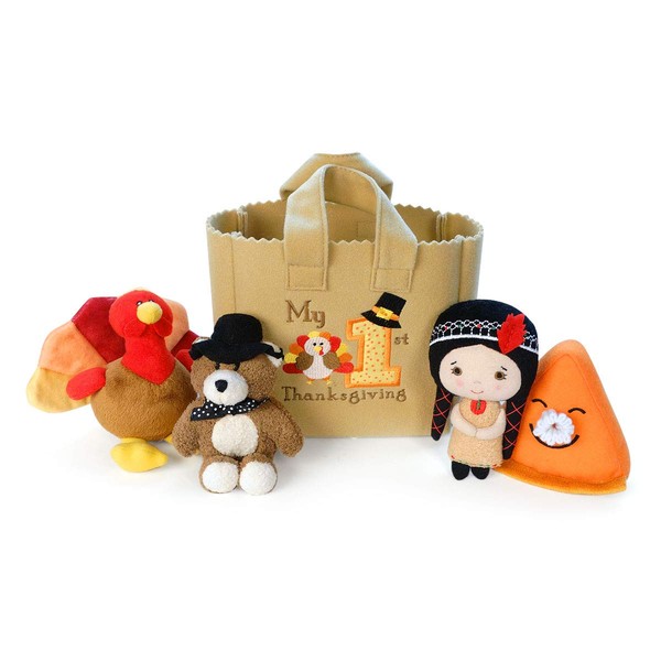 Genius Baby Toys | The Original My Baby's First Thanksgiving Fill and Spill Toy Playset with 4 ct Plush Toys (Turkey, Teddy Bear, Pumpkin Pie, Native American Girl Doll)