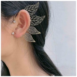 Yheakne Boho Exaggerated Leaf Cuff Wrap Earrings Gold Cz Leaf Ear Climber Brass Leaves Cartilage Ear Crawler Earrings Punk Clip on Wrap Earrings No Piercing Earrings Jewelry for Women and Girls (Left)