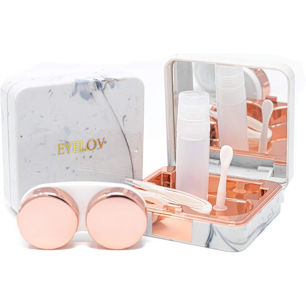 EYELOV Contact Lens Travel Case, Cute Marble Mini Contact Lens Travel Kit Holder Container Includes Contact Lens Remover Tool with Bottle and Tweezers (Rose Gold)
