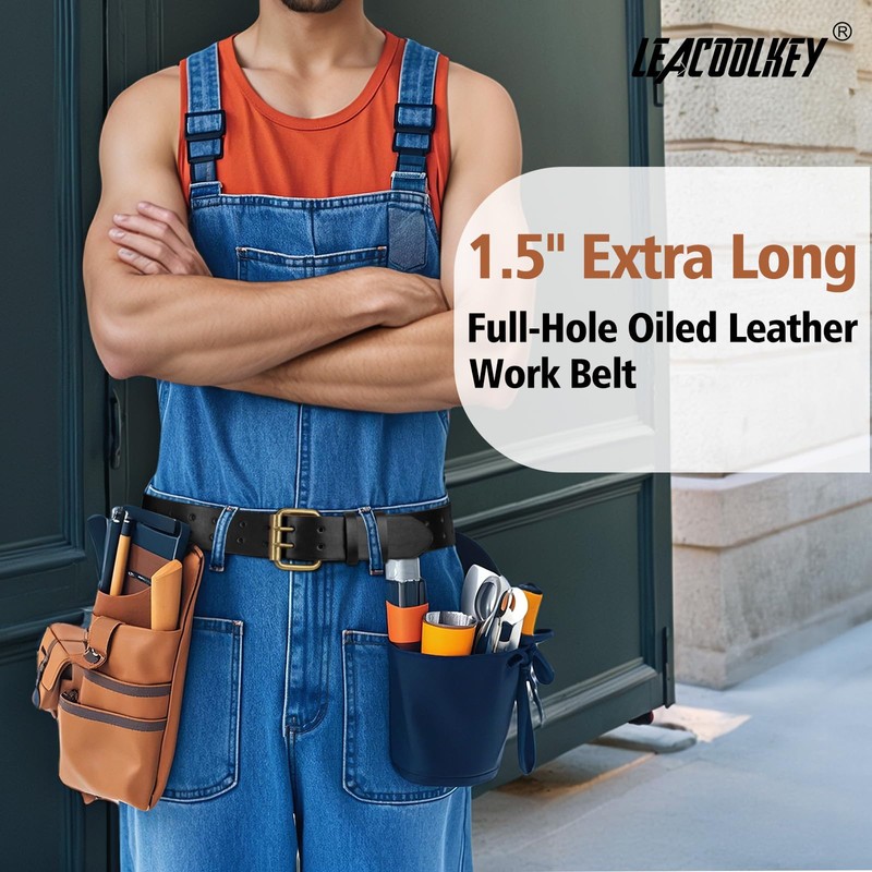 LEACOOLKEY Double Prong Leather Belts for Men PU Leather Work