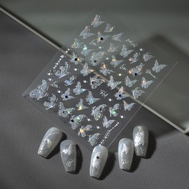 5D Embossed Nail Stickers for Butterfly Nail Art Self-Adhesive Nail Art Stickers White Butterfly Nail Decals Rhinestones Artificial Nails Supplies for Women Manicure Decorations