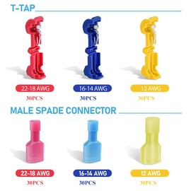 180PCS T Tap Wire Connectors Male Spade Terminals,90Pairs Auto Quick Splice Electrical Wire Insulated Quick Disconnect Assortment Kit, AWG 22-18, AWG 18-14,AWG 12-10
