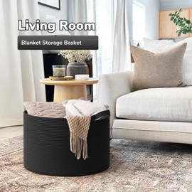 Goodpick Blanket Basket 19.7'' x 12.6'', Woven Storage Baskets, Cotton Rope Toy Storage for Kids, Home Decor for Living Room, 65L Black