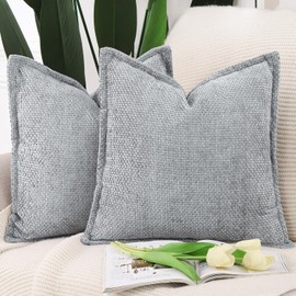 Madizz Set of 2 Chenille Velvet Cushion Covers with Flange Soft Boho Textured Throw Pillow Covers Broadside Pillowcases Modern Farmhouse Home Decor for Sofa Bedroom Grey 18x18 inch, 45x45 cm