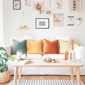 MONDAY MOOSE Decorative Throw Pillow Covers Cushion Cases, Set of 4 Soft Velvet Pom Poms Double-Sided Designs, Mix and Match for Home Decor, Pillow Inserts Not Included (18x18 inch, Orange/Teal)