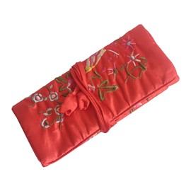 Gold Fortune Travel Jewelry Silk Embroidery Brocade Roll Bags Organizer Case with Tie Close (Red)