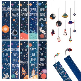 Reastar Pack of 10 Bookmarks for Children, Space Theme Bookmark Paper with Metal Pendant, for Students, Teachers, Reading, School Supplies