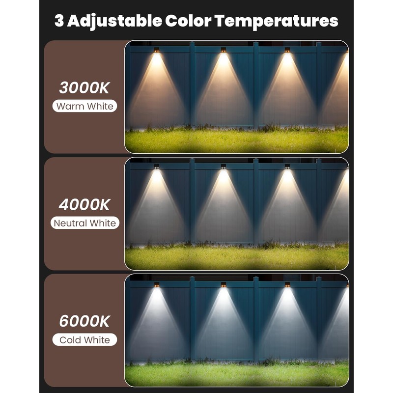 Brighter Solar Fence Lights-3000/4000/6000K 3 Mode,Solar Lights Outdoor Waterproof,Dusk to