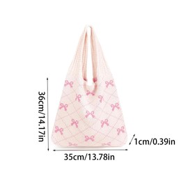 scalingscal Beige Crochet Bag with Pink Bows, Lightweight Knitted Tote Bag, Women's Knitted Love Crochet Bag, Knitted Bag, Handbag, Women's Knitted Bag, for Work, Travel, School and Shopping, pink