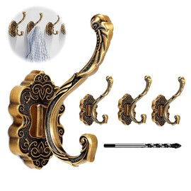4 PCS Vintage Brass Coat Hooks,Heavy Duty Gold Wall Hook,Metal Decorative Wall Hooks for Hanging Purse Hat Keys Clothes& More,Towel in Bathroom,Easy Installation Kit Included