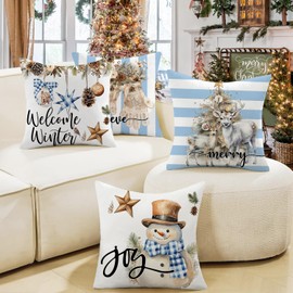 Artmag Christmas Pillow Covers 18x18 inch Set of 4 Snowman Gloves Welcome Winter Blue White Strip Christmas Throw Pillow Covers Winter Farmhouse Decoration for Home