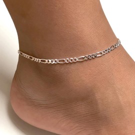 Pencros Dainty Layered Anklet,14K Gold Filled Cute Beads Satellite Chain Heart Boho Adjustable Anklets for Women (figaro chain-silver)