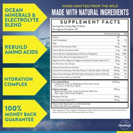 TruWild Natural Hydration Powder with Zero Sugar, Vegan Electrolytes + Amino Acids, Recovery Drink for Everyday Use, Post Workout Muscle Support Supplement with Magnesium (Watermelon Lemonade)