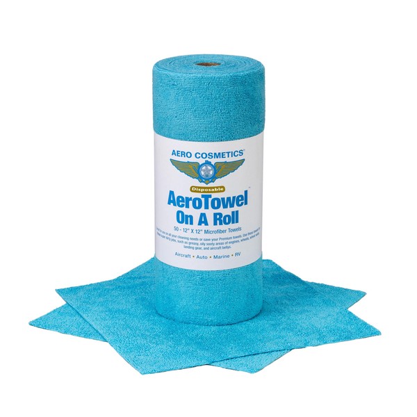 Aero Towels On A Roll - Reusable, Disposable, and Washable Microfiber Towels 12" x 12" - Cleaning Solution for Aircraft, Auto, Marine, and RV - Cleans Greasy and Oily Surfaces - Pack of 50