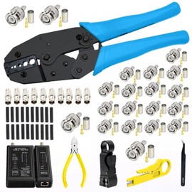 Coaxial Cable Tool Kit, BNC Crimp tool for RG58, RG59, RG62, RG174, 20PCS RG58 BNC Male Crimp Connectors,10PCS BNC Female to Female Connectors, Cable Stripper, Heat Shrink Tube Cable Tester