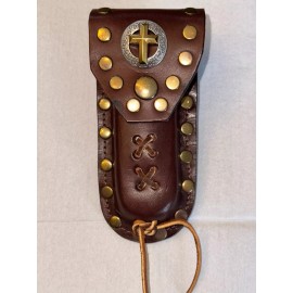 Buck 110 Leather Knife Case - Gold Cross with Silver Field (Medium Brown)